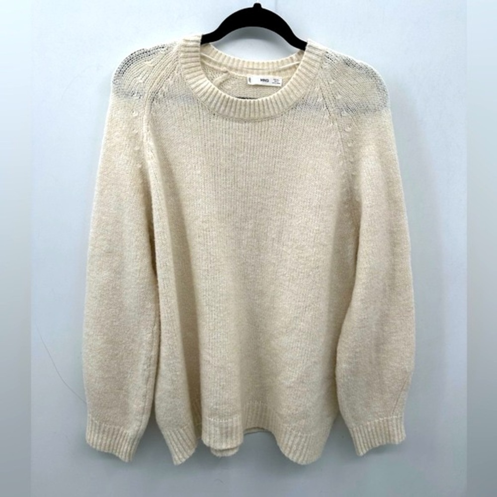 Mango MNG L Cream Knit Sweater Large Cozy Minimalist Chunky Crewneck Pullover